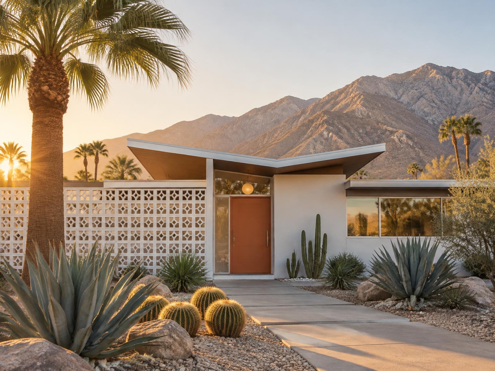 Palm Springs mid-century home with a terracotta door at golden hour